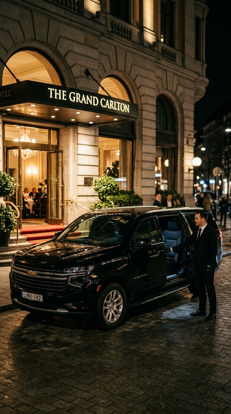 Black Chevrolet Suburban — front profile at night